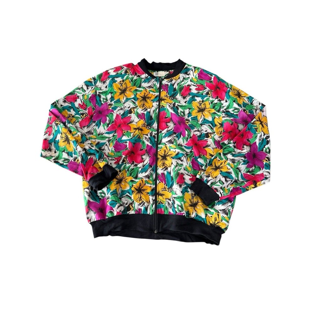 Vintage Womens Floral Full Zip Satin Bomber Jacket 16 Flowers Bright Lightweight